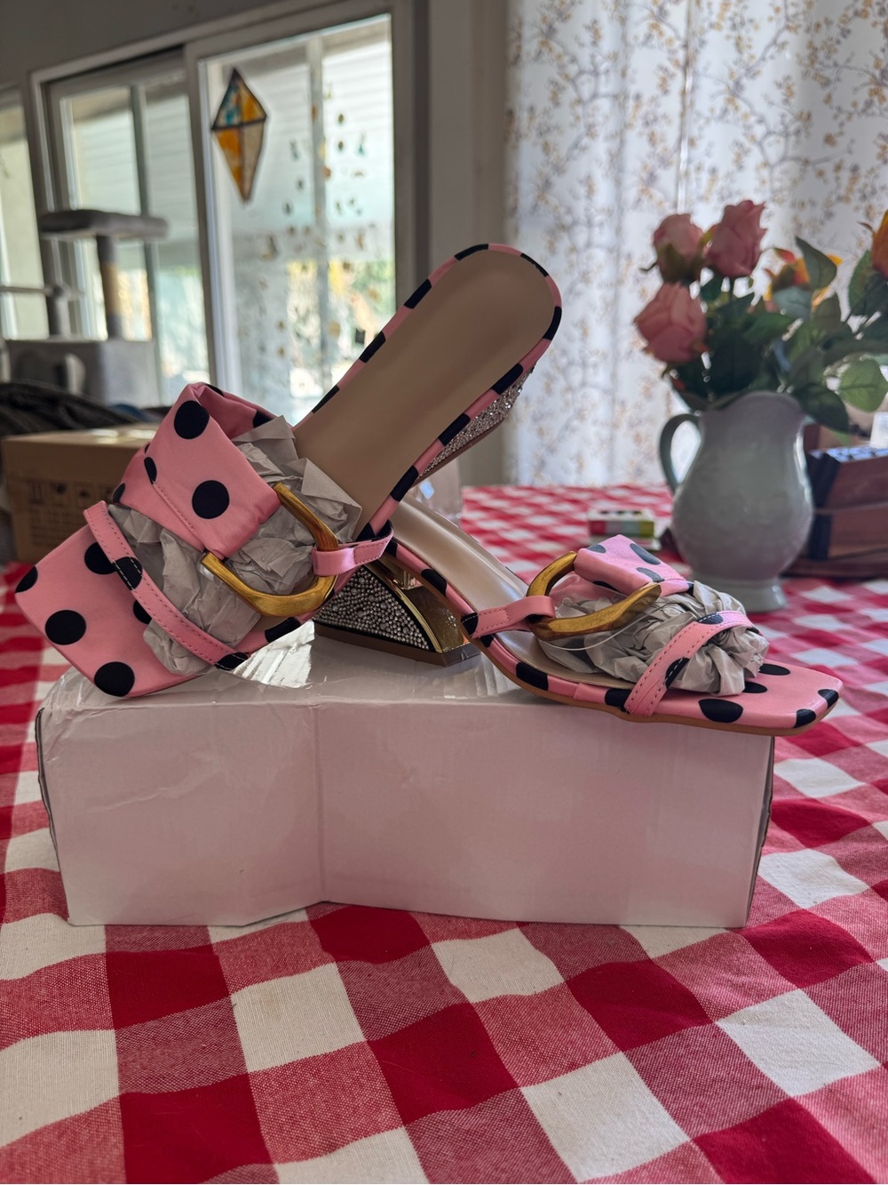Pink Polka Dot Block Heel Sandals